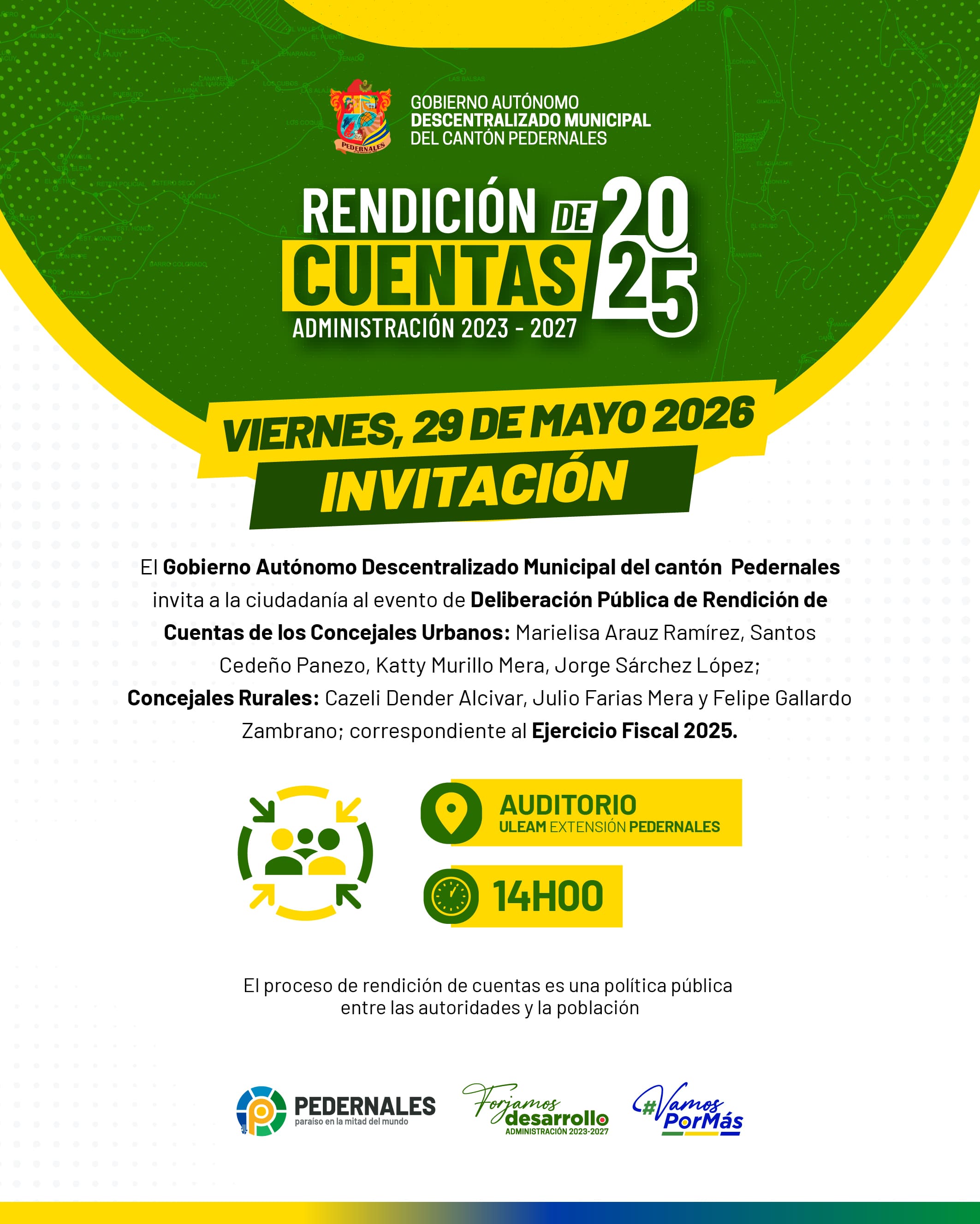 INVITACIÓN A LA RENDICIÓN DE CUENTAS DEL PERIODO 2025 DE LOS CONCEJALES DEL GOBIERNO MUNICIPAL DE PEDERNALES